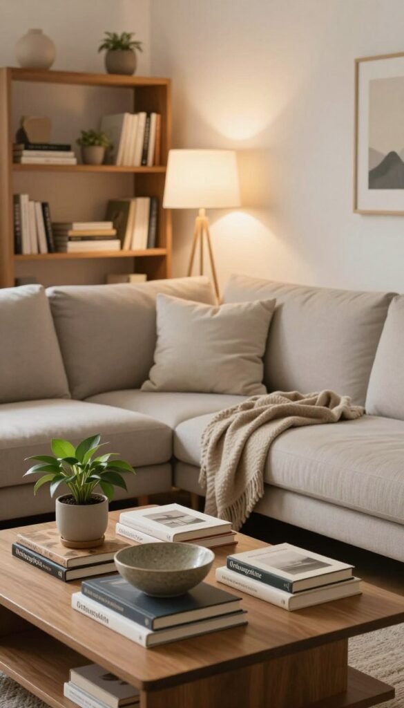 A cozy living room scene that embodies "visible order" while maintaining a comfortable, lived-in feel. In the foreground, an organized coffee table adorned with books, a plant, and a decorative bowl. The middle ground features a stylish sectional sofa with soft cushions, arranged neatly with a throw blanket draped casually yet thoughtfully. In the background, a bookshelf is arranged with neatly stacked books and decorative items, complemented by warm, inviting lighting from a soft floor lamp. The walls painted in light, neutral tones create a serene atmosphere, enhancing the feeling of a welcoming retreat rather than a sterile hotel room. The room reflects the brand "Ordnungskiste" through subtle organization elements, with natural images in warm colors reminiscent of Pinterest aesthetics. No text, watermarks, or overlays present.