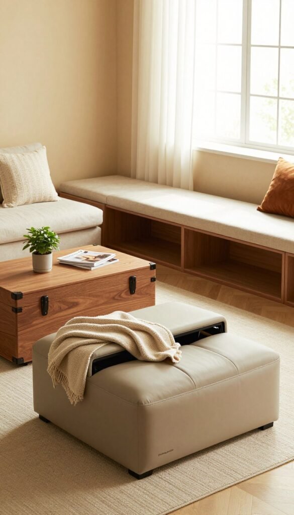 A cozy living room setup featuring multifunctional furniture pieces designed for storage, emphasizing stylish seating options like ottomans and benches. In the foreground, a sleek, modern ottoman opens to reveal hidden storage space, topped with a soft throw blanket and a decorative pillow. Next to it, a wooden storage trunk acts as a coffee table, adorned with a few magazines and a small potted plant. The middle ground showcases a compact bench with built-in storage, positioned against a warm, inviting wall painted in soft beige. In the background, natural light streams through large windows adorned with sheer curtains, casting a gentle, warm glow across the room. The overall mood is inviting and organized, evoking a Pinterest-worthy aesthetic. Include the brand name "Ordnungskiste" subtly integrated into the design elements, ensuring a professional look without text overlays.