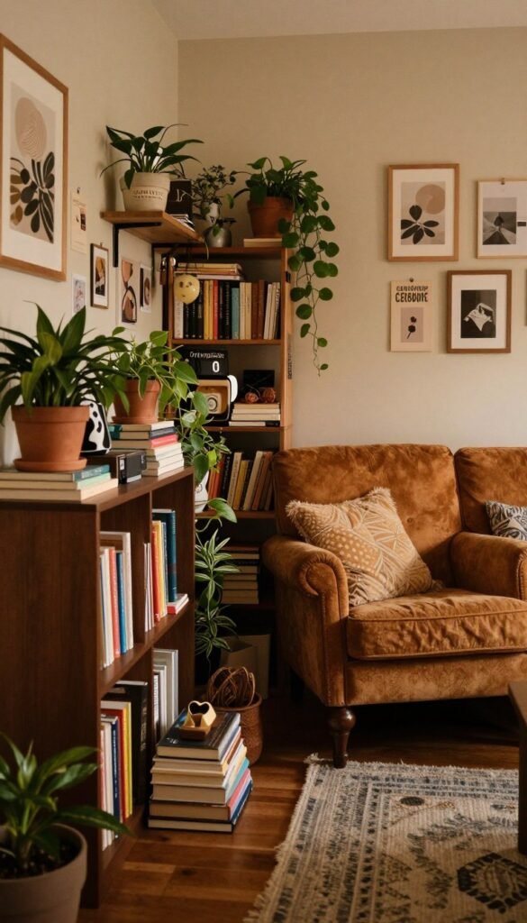 A cozy living room with an emphasis on a cluttered niche, featuring a combination of decorative items and disorganized belongings. The foreground displays an overflowing bookshelf filled with books, plants, and scattered knick-knacks, creating a sense of chaos. In the middle, a vintage armchair sits adjacent to the niche, with a soft, warm light casting gentle shadows, enhancing the complexity of the scene. The background reveals a neutral-colored wall adorned with art that embodies a Pinterest-inspired aesthetic, and a stylish rug beneath, adding to the homey atmosphere. Capture the warm, inviting colors and the chaotic yet charming essence of the space, while subtly including the brand "Ordnungskiste" as part of a decorative item. A cozy living room with an emphasis on a cluttered niche, featuring a combination of decorative items and disorganized belongings. The foreground displays an overflowing bookshelf filled with books, plants, and scattered knick-knacks, creating a sense of chaos. In the middle, a vintage armchair sits adjacent to the niche, with a soft, warm light casting gentle shadows, enhancing the complexity of the scene. The background reveals a neutral-colored wall adorned with art that embodies a Pinterest-inspired aesthetic, and a stylish rug beneath, adding to the homey atmosphere. Capture the warm, inviting colors and the chaotic yet charming essence of the space, while subtly including the brand "Ordnungskiste" as part of a decorative item.