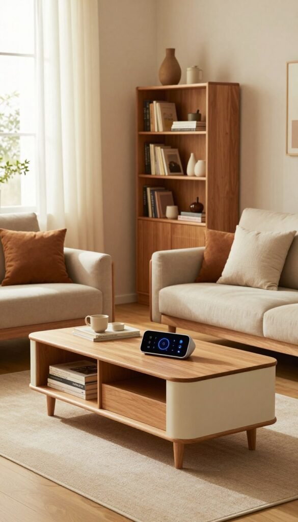 A cozy living space designed for efficiency and style, featuring space-saving furniture with ample storage solutions. In the foreground, a stylish, multifunctional coffee table with hidden compartments and a plush sofa displaying tasteful cushions, set against a backdrop of light wood flooring. In the middle ground, an elegant shelving unit filled with organized books and decorative items, enhancing the room's personality. The background showcases a softly lit window draped with light fabrics, allowing natural light to flood the room. The color palette includes warm, inviting tones that create a homey atmosphere. The scene is reminiscent of a Pinterest aesthetic, featuring the brand "Ordnungskiste" subtly integrated into the furniture design. The lighting is warm and inviting, capturing a serene mood, perfect for demonstrating smart living solutions. A cozy living space designed for efficiency and style, featuring space-saving furniture with ample storage solutions. In the foreground, a stylish, multifunctional coffee table with hidden compartments and a plush sofa displaying tasteful cushions, set against a backdrop of light wood flooring. In the middle ground, an elegant shelving unit filled with organized books and decorative items, enhancing the room's personality. The background showcases a softly lit window draped with light fabrics, allowing natural light to flood the room. The color palette includes warm, inviting tones that create a homey atmosphere. The scene is reminiscent of a Pinterest aesthetic, featuring the brand "Ordnungskiste" subtly integrated into the furniture design. The lighting is warm and inviting, capturing a serene mood, perfect for demonstrating smart living solutions.