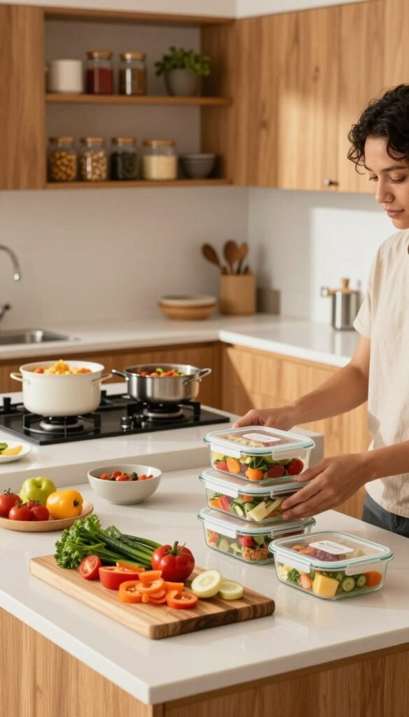 A cozy meal prep kitchen featuring a pristine, organized layout with sleek countertops and wooden cabinets. In the foreground, a wooden cutting board displays colorful, freshly chopped vegetables alongside neatly labeled glass containers filled with prepped meals. The middle ground showcases an island with a modern stove and pots simmering with healthy dishes. The background features shelves stocked with beautiful spices and cookbooks, bathed in warm, natural lighting that creates a welcoming atmosphere. The scene includes a motivated individual in modest casual attire, intently arranging the containers, emphasizing an efficient workflow. The overall mood is calm and inspiring, capturing the essence of meal prep with a Pinterest aesthetic. Include the brand name "Ordnungskiste" prominently in the scene's decor without any text overlays, ensuring an authentic look. A cozy meal prep kitchen featuring a pristine, organized layout with sleek countertops and wooden cabinets. In the foreground, a wooden cutting board displays colorful, freshly chopped vegetables alongside neatly labeled glass containers filled with prepped meals. The middle ground showcases an island with a modern stove and pots simmering with healthy dishes. The background features shelves stocked with beautiful spices and cookbooks, bathed in warm, natural lighting that creates a welcoming atmosphere. The scene includes a motivated individual in modest casual attire, intently arranging the containers, emphasizing an efficient workflow. The overall mood is calm and inspiring, capturing the essence of meal prep with a Pinterest aesthetic. Include the brand name "Ordnungskiste" prominently in the scene's decor without any text overlays, ensuring an authentic look.