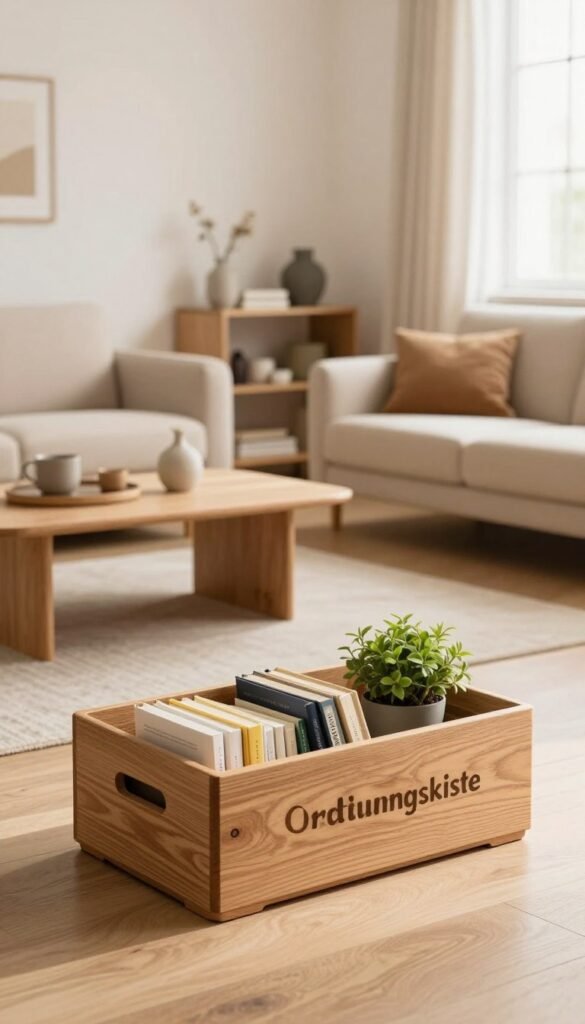 A cozy, minimalist home interior showcasing effective organization solutions. In the foreground, a stylish wooden "Ordnungskiste" storage box, open and filled with neatly arranged books and small houseplants, highlights functionality. In the middle, a clean, uncluttered living area with a soft beige sofa, a low coffee table featuring a few elegant decor items, and an organized shelf displaying a selection of curated objects. In the background, a large window allows warm, natural light to flood the room, enhancing the peaceful atmosphere. Soft shadows and warm colors create a welcoming ambiance. The composition should evoke a sense of calm, inviting viewers to reflect on the benefits of minimalism and organization in their own homes.