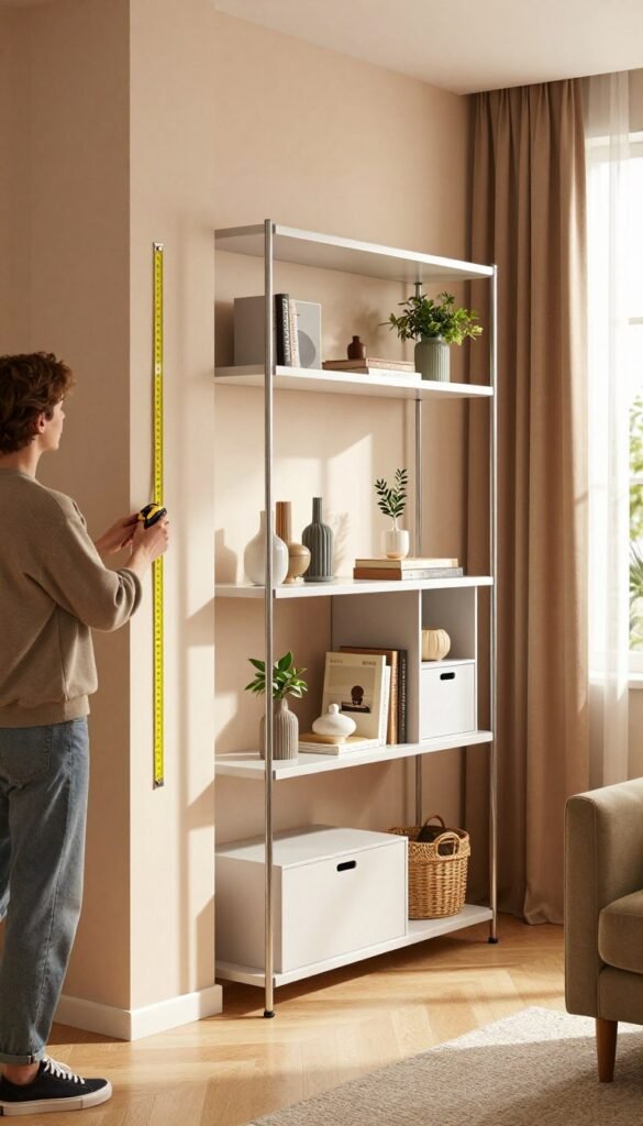 A cozy, modern apartment interior showcasing a stylish "Ordnungskiste" storage solution without drilling. In the foreground, an individual in smart casual attire is holding a measuring tape, appearing focused as they take accurate measurements of a wall space for a new shelving unit. The middle ground features a sleek, minimalist shelving unit with aesthetically arranged decorative items and plants, promoting an organized space. The background shows soft, natural light streaming through a window, illuminating warm colors of the walls and furniture, creating an inviting atmosphere. The overall composition evokes a sense of practicality and elegance, aimed at enhancing apartment living without the need for installation tools.