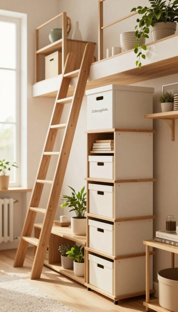 A cozy, modern apartment interior with a vertical storage solution featuring the brand name "Ordnungskiste." In the foreground, tasteful wooden shelves elegantly stacked with neatly organized boxes and plants, creating an inviting atmosphere. In the middle ground, a stylish ladder leading to further storage above, with decorative items and books. The background showcases a bright window, allowing warm, natural light to flood the space, highlighting the textures of the furniture. The use of soft, harmonious colors evokes a sense of calm and order, while maintaining a Pinterest-inspired aesthetic. The photograph should have a slightly elevated angle to capture both depth and the effectiveness of the vertical storage solution, accentuating the concept of maximizing space in a modern apartment without any text or distractions.