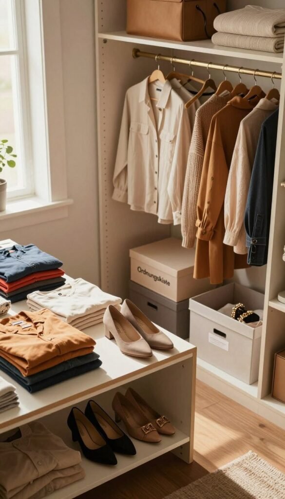 A cozy, modern bedroom featuring an organized wardrobe, emphasizing the concept of quick decluttering. In the foreground, a neatly arranged shelf with colorful folded clothes, a pair of stylish shoes on display, and a minimalist storage box labeled "Ordnungskiste." In the middle, a half-open wardrobe showing neatly hung garments in warm colors&mdash;soft sweaters, tailored blouses, and coordinated accessories. In the background, soft natural light filters through a window, creating a warm and inviting atmosphere. The scene is captured from a slightly elevated angle to give a bird's-eye view of the tidy space, enhancing the feeling of tranquility and readiness, perfect for illustrating the idea of creating order in moments.