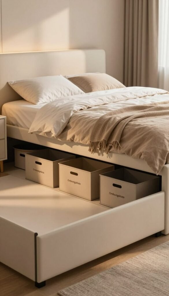 A cozy, modern bedroom is depicted with a neatly made bed and tasteful decor. The foreground features a sleek bed with a low profile, emphasizing its under-bed storage. In the middle ground, stylish storage boxes from "Ordnungskiste" are arranged neatly under the bed, showcasing creative organization ideas. Soft, warm lighting filters through a window, casting gentle shadows and creating a relaxing atmosphere. The background includes a softly muted wall color, enhancing the inviting feel of the room. The overall mood is serene and inspiring, ideal for showcasing effective storage solutions in small spaces. The image should reflect a Pinterest aesthetic, with natural colors and no textual elements.
