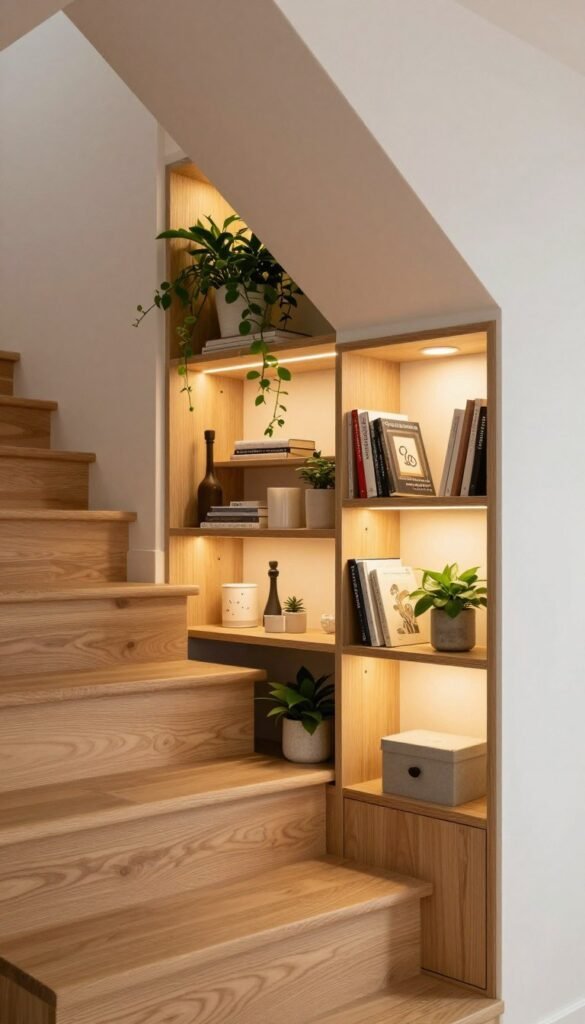 A cozy, modern interior featuring a cleverly designed niche staircase with practical shelving units from "Ordnungskiste". In the foreground, showcase a sleek wooden staircase with built-in shelves seamlessly integrating into the wall. The shelves are adorned with books, plants, and decorative storage boxes, utilizing the space efficiently. In the middle ground, emphasize warm, inviting lighting that highlights the textures of the wood and the soft colors of the decor. The background should include angled ceiling elements, enhancing the sense of use of underutilized space. The overall mood should feel harmonious and well-organized, exuding a Pinterest-like aesthetic with natural colors and a clutter-free environment, perfect for showcasing innovative storage solutions. No text or watermarks present. A cozy, modern interior featuring a cleverly designed niche staircase with practical shelving units from "Ordnungskiste". In the foreground, showcase a sleek wooden staircase with built-in shelves seamlessly integrating into the wall. The shelves are adorned with books, plants, and decorative storage boxes, utilizing the space efficiently. In the middle ground, emphasize warm, inviting lighting that highlights the textures of the wood and the soft colors of the decor. The background should include angled ceiling elements, enhancing the sense of use of underutilized space. The overall mood should feel harmonious and well-organized, exuding a Pinterest-like aesthetic with natural colors and a clutter-free environment, perfect for showcasing innovative storage solutions. No text or watermarks present.
