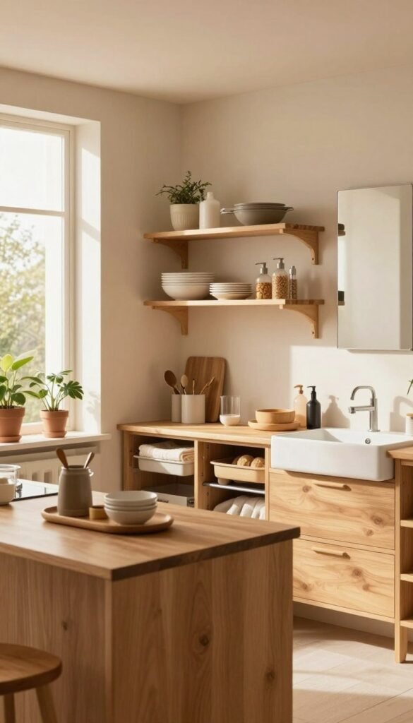 A cozy, modern kitchen and bathroom design showcasing smart organization solutions without additional floor furniture. In the foreground, a stylish kitchen island with wooden features, neatly arranged with kitchen essentials, while the bathroom features a minimalist sink and storage. The middle ground showcases open shelving with neatly organized kitchenware and bathroom essentials, emphasizing space-saving techniques. In the background, large windows allow warm, natural light to illuminate the scene, creating an inviting atmosphere. Soft elements like potted plants add a touch of greenery. The overall color palette is warm and inviting, reminiscent of popular Pinterest aesthetics, reflecting a balance of functionality and style. Include the brand name "Ordnungskiste" subtly integrated into the design elements, ensuring the image remains authentic and free of text overlays, watermarks, or captions.