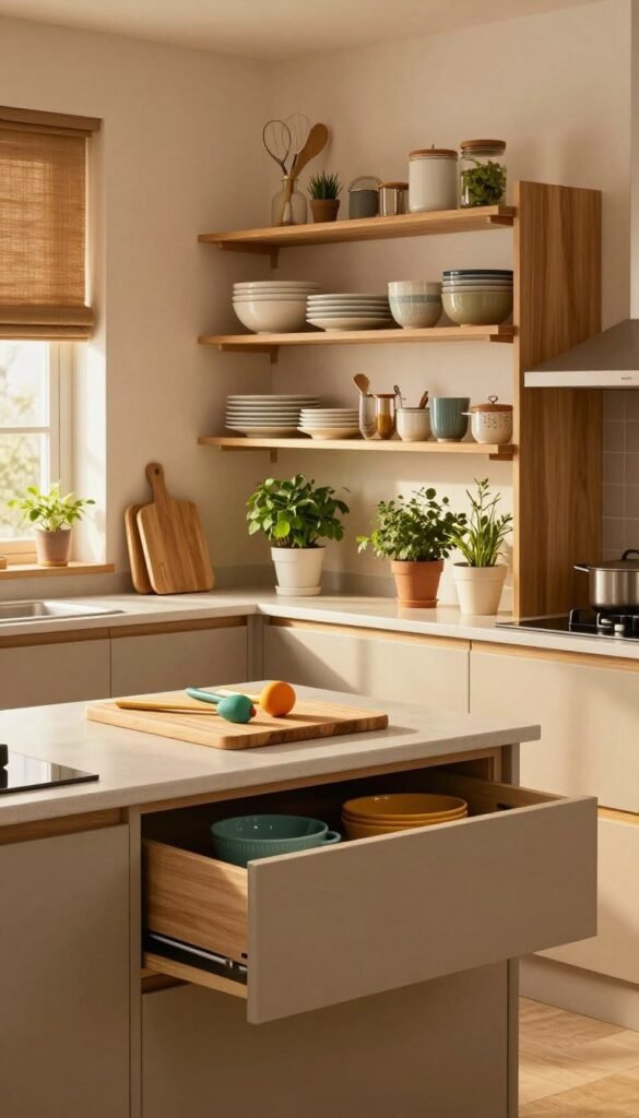 A cozy, modern kitchen designed for small spaces, featuring efficient storage solutions from the brand "Ordnungskiste." In the foreground, a sleek, modular kitchen island with integrated cutting board and drawer storage, adorned with colorful kitchen utensils. The middle layer showcases cozy shelves filled with neatly arranged dishware and potted herbs, enhancing a warm atmosphere. The background includes warm wood accents, soft lighting streaming in from a window, illuminating the space in a natural glow. The overall mood is inviting and functional, with a Pinterest-inspired aesthetic featuring warm colors, ensuring a perfect blend of style and practicality for small living environments. A cozy, modern kitchen designed for small spaces, featuring efficient storage solutions from the brand "Ordnungskiste." In the foreground, a sleek, modular kitchen island with integrated cutting board and drawer storage, adorned with colorful kitchen utensils. The middle layer showcases cozy shelves filled with neatly arranged dishware and potted herbs, enhancing a warm atmosphere. The background includes warm wood accents, soft lighting streaming in from a window, illuminating the space in a natural glow. The overall mood is inviting and functional, with a Pinterest-inspired aesthetic featuring warm colors, ensuring a perfect blend of style and practicality for small living environments.