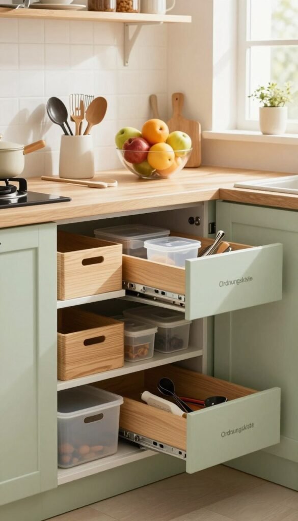 A cozy, modern kitchen exhibiting signs of clutter and limited space, emphasizing the concept of ‘kitchen bottlenecks.’ In the foreground, a neatly organized cabinet labeled “Ordnungskiste,” showcasing clever storage solutions with wooden boxes and transparent containers. The middle ground features a countertop cluttered with utensils, an overflowing fruit bowl, and an open drawer revealing scattered kitchen tools. In the background, warm, natural lighting spills in through a window, illuminating the room's soft color palette of light greens and warm whites. The atmosphere feels inviting yet slightly chaotic, capturing the essence of a small kitchen struggling with storage challenges. The scene conveys a relatable yet stylish Pinterest aesthetic, with no text or overlays present. A cozy, modern kitchen exhibiting signs of clutter and limited space, emphasizing the concept of ‘kitchen bottlenecks.’ In the foreground, a neatly organized cabinet labeled “Ordnungskiste,” showcasing clever storage solutions with wooden boxes and transparent containers. The middle ground features a countertop cluttered with utensils, an overflowing fruit bowl, and an open drawer revealing scattered kitchen tools. In the background, warm, natural lighting spills in through a window, illuminating the room's soft color palette of light greens and warm whites. The atmosphere feels inviting yet slightly chaotic, capturing the essence of a small kitchen struggling with storage challenges. The scene conveys a relatable yet stylish Pinterest aesthetic, with no text or overlays present.