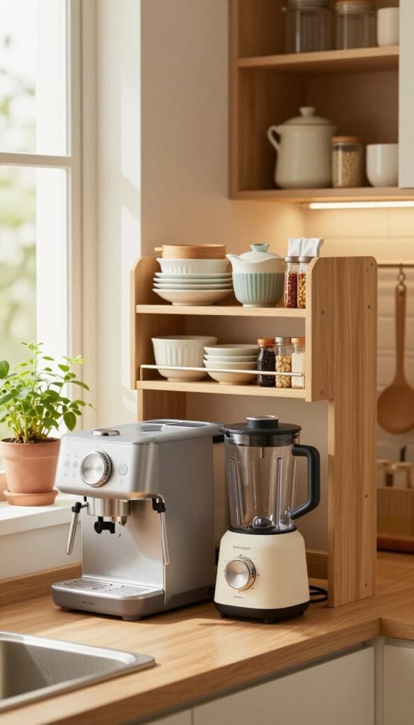 A cozy, modern kitchen featuring compact appliances and innovative storage solutions. In the foreground, include a sleek, space-saving coffee machine next to a compact blender, both highlighting their practical design. The middle space showcases cleverly designed shelving filled with neatly organized kitchenware and small spices, emphasizing efficient use of space. The background reveals a well-lit, inviting atmosphere with warm color tones, a window letting in natural light, and potted herbs on a windowsill, enhancing the Pinterest aesthetic. Arrange the scene to reflect a harmonious, stylish kitchen where every item contributes to a functional, organized environment. Include a subtle brand logo of "Ordnungskiste" on the coffee machine, blending seamlessly with the design.