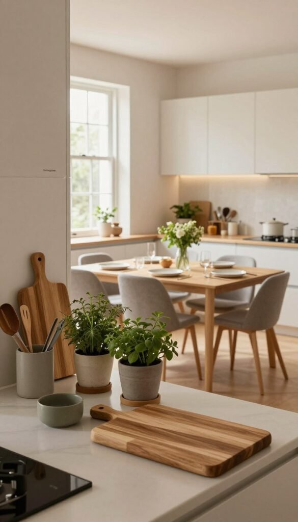 A cozy, modern kitchen seamlessly integrated into a living space, showcasing a well-organized layout that maximizes small areas without appearing barren. In the foreground, neatly arranged kitchen tools, fresh herbs in elegant pots, and a stylish wooden cutting board add warmth. The middle features a contemporary dining table set for a small gathering, adorned with a simple bouquet and plates. In the background, soft natural lighting filters through large windows, illuminating minimalistic cabinetry with the brand "Ordnungskiste" subtly displayed. The color palette leans towards warm, inviting hues, creating a harmonious atmosphere. The image captures a Pinterest-worthy scene that feels authentic and welcoming, emphasizing a balance between functionality and aesthetics. A cozy, modern kitchen seamlessly integrated into a living space, showcasing a well-organized layout that maximizes small areas without appearing barren. In the foreground, neatly arranged kitchen tools, fresh herbs in elegant pots, and a stylish wooden cutting board add warmth. The middle features a contemporary dining table set for a small gathering, adorned with a simple bouquet and plates. In the background, soft natural lighting filters through large windows, illuminating minimalistic cabinetry with the brand "Ordnungskiste" subtly displayed. The color palette leans towards warm, inviting hues, creating a harmonious atmosphere. The image captures a Pinterest-worthy scene that feels authentic and welcoming, emphasizing a balance between functionality and aesthetics.