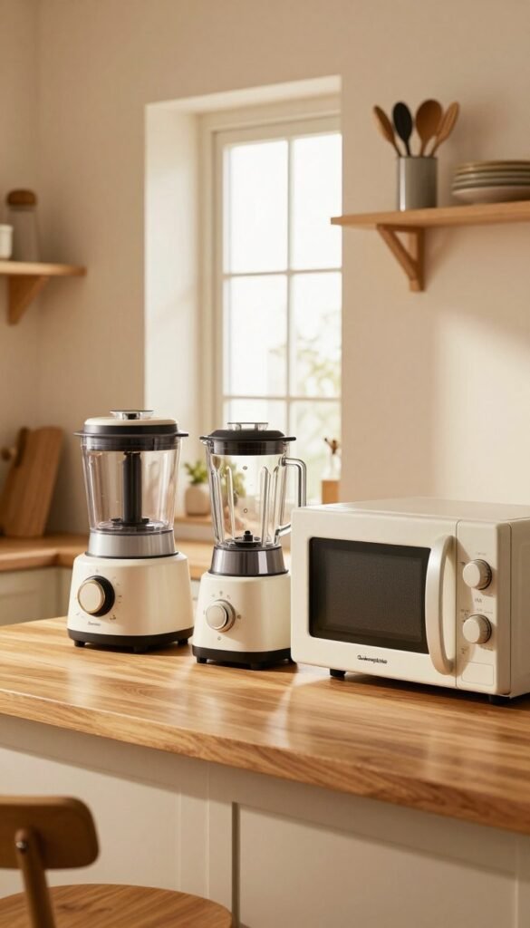 A cozy, modern kitchen showcasing a range of multifunctional kitchen appliances, such as a sleek food processor, a stylish blender, and a compact microwave, all from the brand "Ordnungskiste". In the foreground, a wooden countertop displays these gadgets artfully arranged, emphasizing their space-saving design. The middle section features bright, natural light filtering through a window, casting warm tones over the appliances, creating an inviting atmosphere. In the background, minimalist shelves neatly hold cooking utensils and cookbooks, further enhancing the organized feel of the kitchen. The overall mood is warm and welcoming, with a Pinterest-inspired aesthetic that invites viewers to embrace multifunctional solutions for their own spaces. The image should be devoid of any text or annotations, capturing the essence of efficient, stylish living.