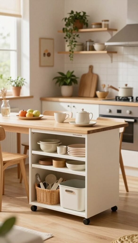 A cozy, modern kitchen with a clever use of space, featuring organic warm colors and a Pinterest-inspired aesthetic. In the foreground, an elegant, multifunctional storage solution by "Ordnungskiste" holds various kitchen essentials, neatly organized. The middle of the scene showcases a compact dining area with minimalist furniture, while open shelves adorned with plants and kitchenware add charm. The background reveals natural light streaming through a window, enhancing the inviting atmosphere. Capture this scene with a soft focus lens, emphasizing the warm ambiance, and highlighting the practicality of flexible storage solutions for small kitchens. Avoid any text or markings in the image, ensuring authenticity and clarity.