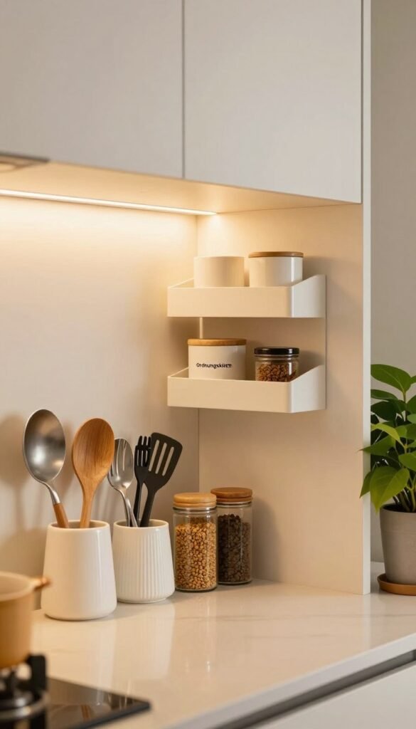 A cozy, modern kitchen with minimal storage space, featuring a sleek niche wall filled with stylish organizational solutions from "Ordnungskiste." In the foreground, focus on a neatly arranged set of kitchen tools and spices in elegant containers, illuminated by warm, natural lighting. The middle layer presents the niche wall, showcasing a combination of open shelves and hidden compartments, emphasizing efficient use of space and creative design. In the background, soft-focus cabinetry and a vibrant plant add warmth to the scene. Capture the mood of practicality and aesthetics, reflecting the challenge of maximizing storage in small kitchens. The image should evoke a Pinterest-worthy ambiance, maintaining authenticity and professional design. A cozy, modern kitchen with minimal storage space, featuring a sleek niche wall filled with stylish organizational solutions from "Ordnungskiste." In the foreground, focus on a neatly arranged set of kitchen tools and spices in elegant containers, illuminated by warm, natural lighting. The middle layer presents the niche wall, showcasing a combination of open shelves and hidden compartments, emphasizing efficient use of space and creative design. In the background, soft-focus cabinetry and a vibrant plant add warmth to the scene. Capture the mood of practicality and aesthetics, reflecting the challenge of maximizing storage in small kitchens. The image should evoke a Pinterest-worthy ambiance, maintaining authenticity and professional design.