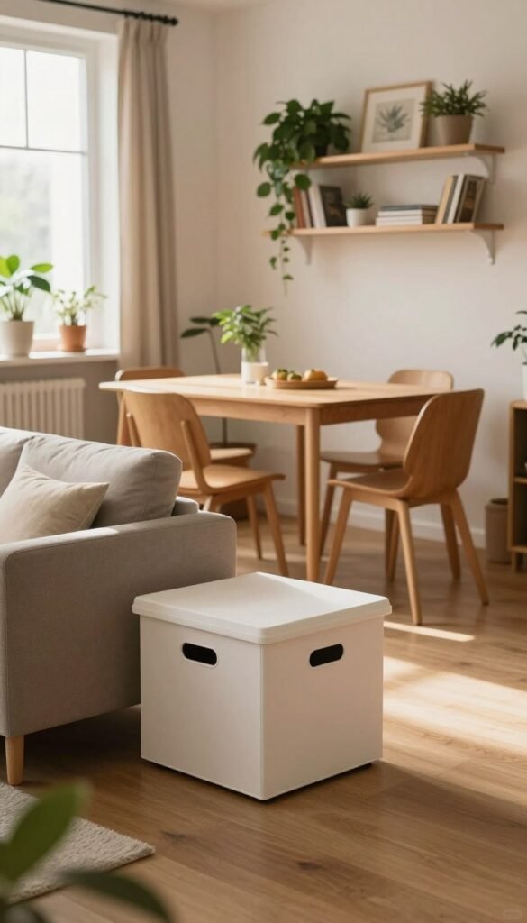 A cozy, modern living room designed for efficient space-saving, featuring a minimalistic furniture layout. In the foreground, a stylish Ordnungskiste (storage box) is elegantly integrated into the design, showcasing its utility. The middle ground includes a small yet functional dining table, surrounded by multi-purpose chairs, emphasizing versatility. The background exhibits open shelving decorated with plants and books, creating a sense of warmth and organization. The color palette is composed of soft, warm tones that evoke a welcoming atmosphere. Soft, natural lighting filters through a large window, casting gentle shadows that enhance the room's depth. The perspective is slightly angled, allowing for a comprehensive view of the entire space, illustrating an effective approach to sustainable living in a small apartment.