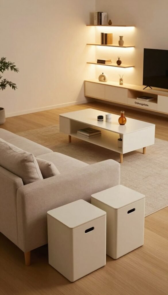 A cozy, modern living room featuring multifunctional furniture solutions that maximize storage in small spaces. In the foreground, showcase a stylish sofa that converts into a bed, paired with sleek, compact side tables that double as storage boxes. The middle ground includes a stylish coffee table with built-in shelves, adorned with decorative items. The background shows a softly lit wall with shelving units designed for optimal space utilization, featuring the brand "Ordnungskiste." Use warm, natural colors to create an inviting atmosphere, with soft ambient lighting to enhance the cozy feel. Capture this scene with a slightly elevated angle, similar to a Pinterest aesthetic, ensuring a clean and authentic look without any text or branding overlays. A cozy, modern living room featuring multifunctional furniture solutions that maximize storage in small spaces. In the foreground, showcase a stylish sofa that converts into a bed, paired with sleek, compact side tables that double as storage boxes. The middle ground includes a stylish coffee table with built-in shelves, adorned with decorative items. The background shows a softly lit wall with shelving units designed for optimal space utilization, featuring the brand "Ordnungskiste." Use warm, natural colors to create an inviting atmosphere, with soft ambient lighting to enhance the cozy feel. Capture this scene with a slightly elevated angle, similar to a Pinterest aesthetic, ensuring a clean and authentic look without any text or branding overlays.