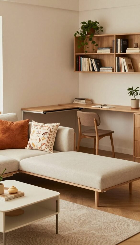 A cozy, modern living room featuring multifunctional furniture that optimizes space. In the foreground, a sleek, convertible sofa that transforms into a bed, adorned with decorative cushions in warm, inviting colors. Beside it, a stylish coffee table with hidden storage. In the middle, a wall-mounted desk that folds away, paired with a minimalist chair, emphasizing a clutter-free environment. The background showcases a charming bookshelf that doubles as a room divider, filled with books and plants. Soft, natural lighting bathes the room, creating a welcoming atmosphere. The space reflects a Pinterest-worthy interior design, incorporating the brand name "Ordnungskiste" in subtle decor elements. Visuals are warm-toned and authentic, ensuring no text or logos appear in the image.