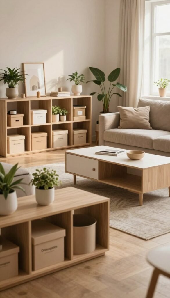A cozy, modern living room featuring various stylish storage solutions from the brand "Ordnungskiste." In the foreground, there are elegant open shelving units neatly filled with decorative boxes and plants, showcasing organized beauty. The middle ground displays a sleek coffee table with a minimalist storage compartment, while an inviting sofa with subtle texture adds warmth. In the background, a window allows soft, natural light to stream in, illuminating the room with a warm glow. The atmosphere is calm and organized, reflecting a Pinterest-worthy design aesthetic. The overall color palette embraces natural tones, enhancing the feeling of authenticity without any text or distractions.