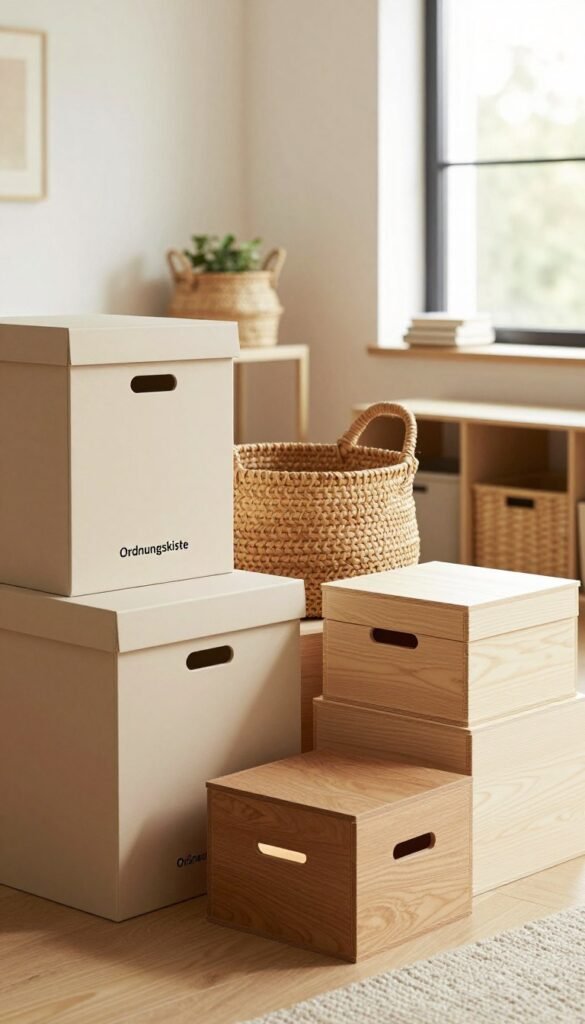 A cozy, modern living space featuring a stylish arrangement of boxen, kisten, and körbe for storage. In the foreground, various sizes of wooden boxes with soft, muted colors like beige and light brown are stacked artistically. In the middle, woven baskets with natural textures complement the boxes, creating an inviting atmosphere. A softly lit corner showcases the brand "Ordnungskiste" on one of the larger boxes. In the background, a warm, airy room bathed in natural light streams in through a large window, enhancing the Pinterest-worthy aesthetic. The overall mood conveys organization and comfort, perfect for maximizing space without renovation, showcasing practical product solutions harmoniously integrated into a home setting. A cozy, modern living space featuring a stylish arrangement of boxen, kisten, and körbe for storage. In the foreground, various sizes of wooden boxes with soft, muted colors like beige and light brown are stacked artistically. In the middle, woven baskets with natural textures complement the boxes, creating an inviting atmosphere. A softly lit corner showcases the brand "Ordnungskiste" on one of the larger boxes. In the background, a warm, airy room bathed in natural light streams in through a large window, enhancing the Pinterest-worthy aesthetic. The overall mood conveys organization and comfort, perfect for maximizing space without renovation, showcasing practical product solutions harmoniously integrated into a home setting.