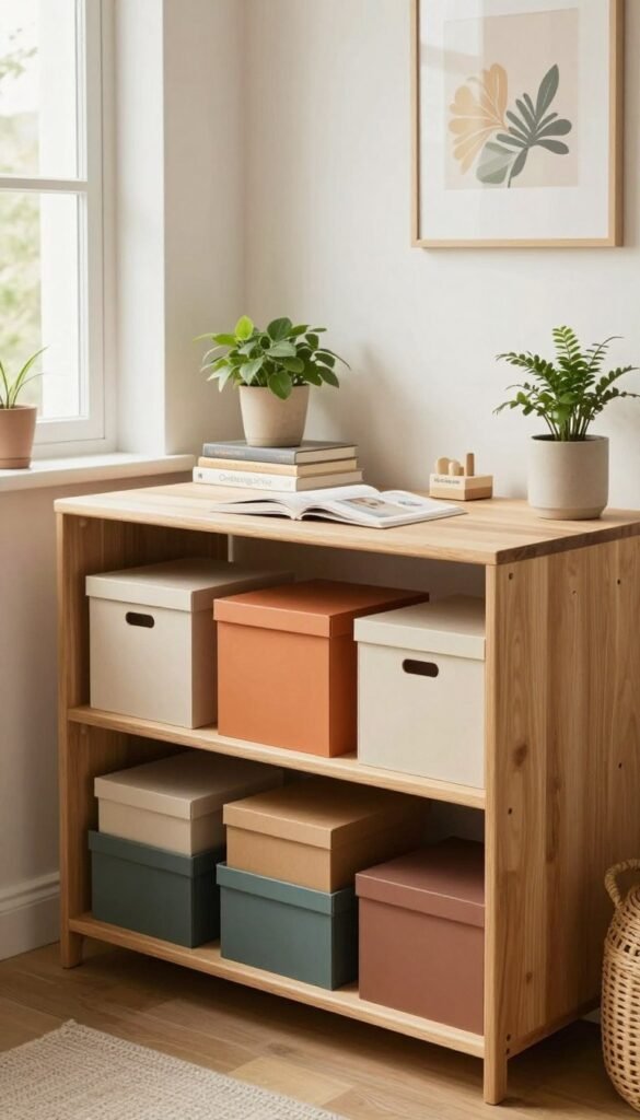 A cozy, modern living space featuring a stylish, clutter-free corner showcasing "Ordnungskiste" storage solutions. In the foreground, a beautifully arranged shelf made of natural wood, filled with neatly stacked boxes in warm, inviting colors. The middle ground displays a chic, minimalist desk adorned with plants and books, emphasizing organized living without drilling into walls. The background features soft natural light coming from a large window, flooding the room with warmth, highlighting the textures of the furniture and creating a peaceful atmosphere. The mood is one of serenity and practicality, perfect for renters seeking innovative storage solutions that enhance their home aesthetics while maintaining functionality. The image should reflect a Pinterest-worthy design, showcasing the beauty of storage without drilling.