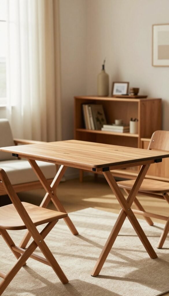 A cozy, modern living space featuring an elegant folding table from the brand "Ordnungskiste" in the foreground, showcasing its sleek design and warm wooden finish. Accompanying it are a couple of stylish, collapsible chairs complementing the table, arranged invitingly for a casual gathering. In the middle ground, a well-organized shelf holds decorative items, enhancing the atmosphere of practicality and style. The background includes a softly illuminated window draped with light curtains, allowing natural light to flood the scene, casting gentle shadows. The mood is warm and welcoming, embodying flexibility and functionality in furniture design, perfect for small spaces. The overall aesthetic has a Pinterest-inspired look, emphasizing authentic, natural images with a harmonious color palette. A cozy, modern living space featuring an elegant folding table from the brand "Ordnungskiste" in the foreground, showcasing its sleek design and warm wooden finish. Accompanying it are a couple of stylish, collapsible chairs complementing the table, arranged invitingly for a casual gathering. In the middle ground, a well-organized shelf holds decorative items, enhancing the atmosphere of practicality and style. The background includes a softly illuminated window draped with light curtains, allowing natural light to flood the scene, casting gentle shadows. The mood is warm and welcoming, embodying flexibility and functionality in furniture design, perfect for small spaces. The overall aesthetic has a Pinterest-inspired look, emphasizing authentic, natural images with a harmonious color palette.