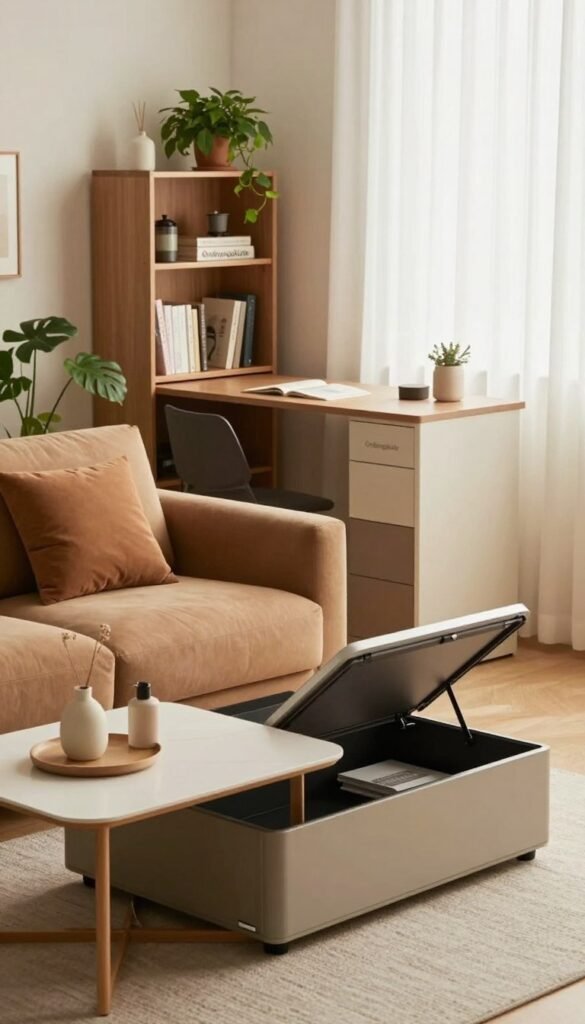 A cozy, modern living space featuring multifunctional furniture designed for space-saving. In the foreground, a sleek, compact sofa that converts into a bed, with plush cushions in warm, earthy tones. Beside it, a stylish coffee table that opens to reveal hidden storage, accompanied by minimalist decorative items. In the middle ground, a compact bookshelf with integrated workspace, showcasing books and plants, emphasizing an organized yet inviting atmosphere. The background has soft, natural lighting filtering through sheer curtains, creating a warm, inviting ambiance. The decor reflects a Pinterest aesthetic, with neutral colors and a touch of greenery. A prominent, elegant piece of furniture branded "Ordnungskiste" stands out, adding a touch of sophistication to the scene. No people are present, ensuring a clean and professional look. A cozy, modern living space featuring multifunctional furniture designed for space-saving. In the foreground, a sleek, compact sofa that converts into a bed, with plush cushions in warm, earthy tones. Beside it, a stylish coffee table that opens to reveal hidden storage, accompanied by minimalist decorative items. In the middle ground, a compact bookshelf with integrated workspace, showcasing books and plants, emphasizing an organized yet inviting atmosphere. The background has soft, natural lighting filtering through sheer curtains, creating a warm, inviting ambiance. The decor reflects a Pinterest aesthetic, with neutral colors and a touch of greenery. A prominent, elegant piece of furniture branded "Ordnungskiste" stands out, adding a touch of sophistication to the scene. No people are present, ensuring a clean and professional look.