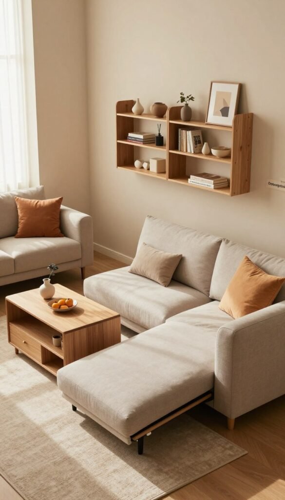 A cozy, modern living space featuring multifunctional furniture designed to maximize storage and minimize clutter. In the foreground, a stylish sofa that transforms into a bed, adorned with soft cushions in warm pastel colors. To the side, an innovative coffee table with hidden compartments and shelves. The middle ground showcases a wall-mounted shelving unit from the brand "Ordnungskiste", elegantly displaying decorative items and books while providing additional storage. In the background, a sunlit window casts a warm glow, enhancing the inviting atmosphere. Use a slightly elevated angle to capture the full essence of the room, with gentle daylight illuminating the scene, creating a relaxed and inspiring mood for efficient living in small spaces. A cozy, modern living space featuring multifunctional furniture designed to maximize storage and minimize clutter. In the foreground, a stylish sofa that transforms into a bed, adorned with soft cushions in warm pastel colors. To the side, an innovative coffee table with hidden compartments and shelves. The middle ground showcases a wall-mounted shelving unit from the brand "Ordnungskiste", elegantly displaying decorative items and books while providing additional storage. In the background, a sunlit window casts a warm glow, enhancing the inviting atmosphere. Use a slightly elevated angle to capture the full essence of the room, with gentle daylight illuminating the scene, creating a relaxed and inspiring mood for efficient living in small spaces.