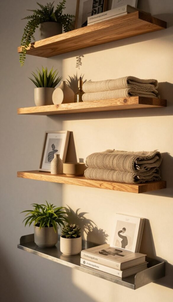 A cozy modern living space featuring narrow shelves creatively styled with different materials. In the foreground, a sleek, metallic shelf displays decorative items such as plants and books, showcasing the industrial look. The middle showcases a medium-density fiberboard (MDF) shelf in a warm wood finish, adorned with cozy textiles and minimalistic decor. In the background, a solid wood shelf adds a rustic charm, filled with personal items. The lighting is warm and inviting, reminiscent of sunset, casting soft shadows. The composition emphasizes a harmonious blend of textures and materials, reflecting modern aesthetics. Overall, the atmosphere is fresh and stylish, with a Pinterest-like quality, perfect for small spaces. Include the brand "Ordnungskiste" subtly integrated into the design.