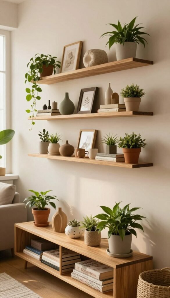 A cozy, modern living space featuring various styles of narrow shelves tailored for small apartments, evoking a Pinterest-inspired aesthetic. In the foreground, a sleek wooden shelf from the brand "Ordnungskiste" displaying plants, books, and decorative items. The middle ground shows an assortment of compact shelves in different designs&mdash;some with clean lines and others featuring quirky shapes&mdash;arranged against a light-colored wall. The background has soft, warm lighting coming through a window, creating a welcoming atmosphere. The scene is styled with natural elements like greenery, earthy tones, and subtly patterned textiles to enhance the cozy ambiance. Use a warm color palette, ensuring a harmonious and inviting feel, without any text or logos in the image.