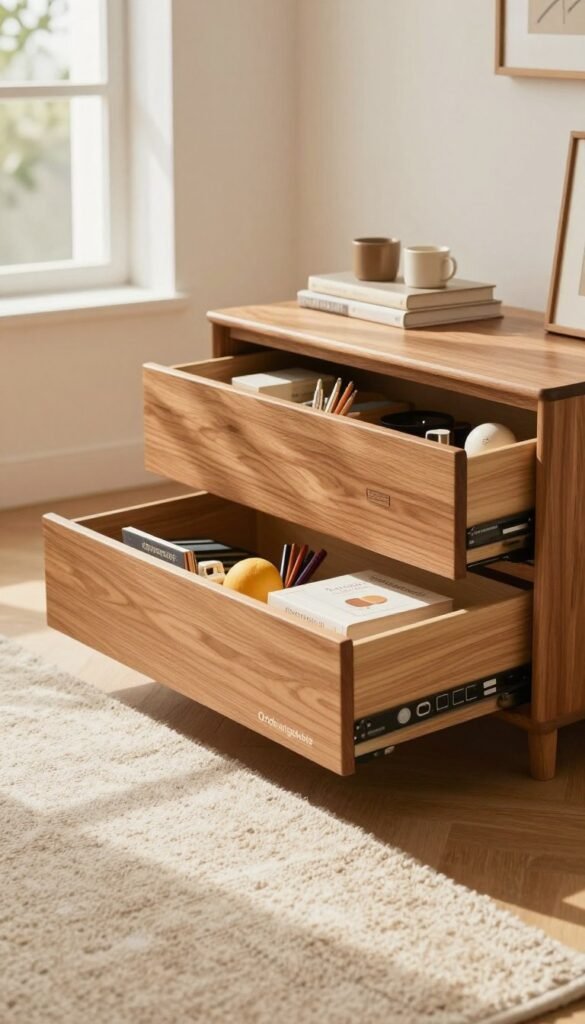 A cozy, modern living space showcasing a neatly organized storage solution featuring "Ordnungskiste" drawer units. In the foreground, a sleek wooden drawer unit is partially open, revealing neatly arranged items like books, stationery, and small decor pieces. The middle foreground has a soft, textured rug that adds warmth to the scene. The background shows a bright and airy room with large windows allowing natural light to flood in, enhancing the warm color palette. Soft shadows create a relaxing atmosphere, emphasizing the calmness of organized space. The overall composition reflects an inviting and tidy small apartment, perfect for illustrating the challenges and solutions of living in compact environments. A cozy, modern living space showcasing a neatly organized storage solution featuring "Ordnungskiste" drawer units. In the foreground, a sleek wooden drawer unit is partially open, revealing neatly arranged items like books, stationery, and small decor pieces. The middle foreground has a soft, textured rug that adds warmth to the scene. The background shows a bright and airy room with large windows allowing natural light to flood in, enhancing the warm color palette. Soft shadows create a relaxing atmosphere, emphasizing the calmness of organized space. The overall composition reflects an inviting and tidy small apartment, perfect for illustrating the challenges and solutions of living in compact environments.