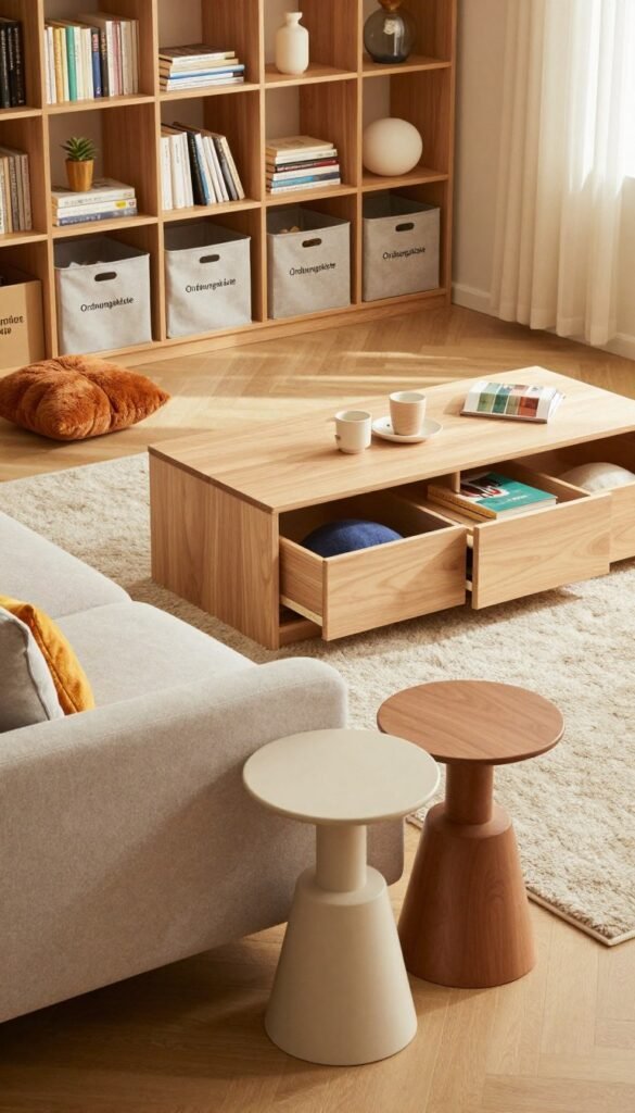 A cozy, modern living space showcasing multifunctional furniture designed to maximize storage and space efficiency. In the foreground, feature a stylish sofa that converts into a bed, paired with elegant, space-saving side tables. In the middle ground, display an innovative coffee table with hidden drawers, surrounded by colorful cushions and a plush rug. The background showcases a well-organized bookshelf with decorative storage bins labeled "Ordnungskiste," filled with books and personal items. Emphasize warm, natural lighting that creates a welcoming atmosphere, with soft shadows enhancing the textures of the furniture. The image should have a Pinterest aesthetic, evoking a sense of harmony and organization without any text, creating an inspiring view of small-space living.