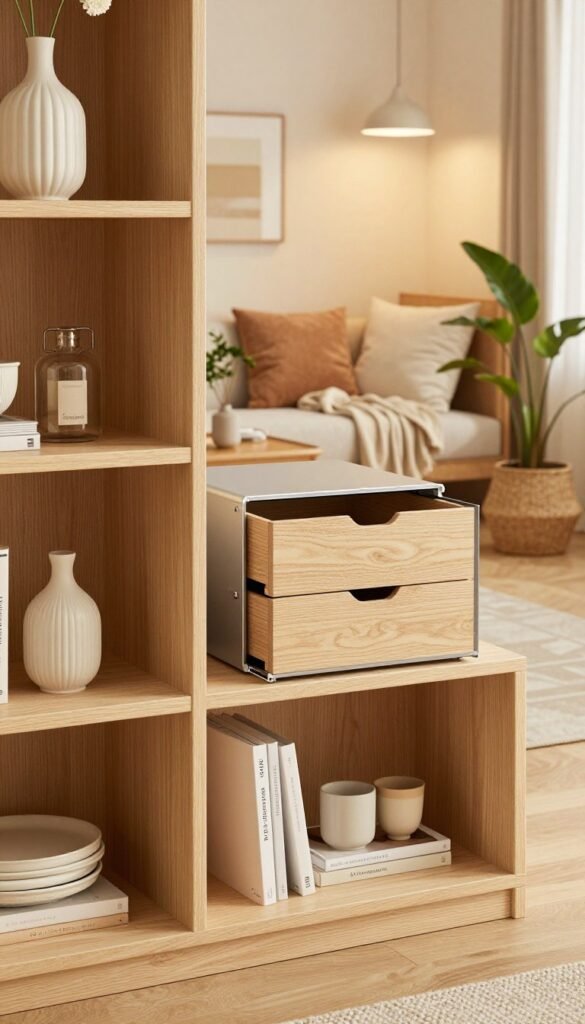 A cozy, modern living space showcasing smart storage solutions for niche furniture, emphasizing material choices and dimensions. In the foreground, a stylish, built-in shelf unit made of light wood displays various decorative items, illustrating the concept of efficient use of space. The middle features a sleek drawer system with a soft-close mechanism, made of polished metal and wood. In the background, a warmly lit area reveals a small reading nook with plush cushions and a soft throw, surrounded by potted plants. The lighting is soft and inviting, enhancing the warmth of natural colors. Aim for a Pinterest-inspired aesthetic that feels authentic and harmonious. Include the brand name "Ordnungskiste" subtly integrated into the design elements without any text or logo visible. A cozy, modern living space showcasing smart storage solutions for niche furniture, emphasizing material choices and dimensions. In the foreground, a stylish, built-in shelf unit made of light wood displays various decorative items, illustrating the concept of efficient use of space. The middle features a sleek drawer system with a soft-close mechanism, made of polished metal and wood. In the background, a warmly lit area reveals a small reading nook with plush cushions and a soft throw, surrounded by potted plants. The lighting is soft and inviting, enhancing the warmth of natural colors. Aim for a Pinterest-inspired aesthetic that feels authentic and harmonious. Include the brand name "Ordnungskiste" subtly integrated into the design elements without any text or logo visible.