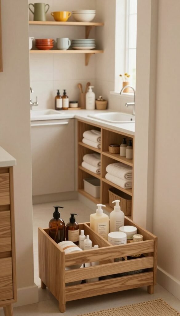 A cozy, modern niche bathroom and kitchen setup that showcases practicality and clean design. In the foreground, there’s a neatly organized Ordnungskiste made of natural wood, elegantly displaying essential bath and kitchen items. The middle section features a serene bathroom corner with a compact sink, stylish storage shelves filled with neatly folded towels and eco-friendly toiletries, coupled with a sleek, minimalist kitchen area with open shelving storing vibrant dishware. The background shows soft, warm lighting filtering through the window, creating a welcoming ambiance. Capture the scene from a slightly elevated angle, emphasizing the harmonious blend of both spaces, with earthy tones dominating the color palette for an authentic Pinterest-inspired look. A cozy, modern niche bathroom and kitchen setup that showcases practicality and clean design. In the foreground, there’s a neatly organized Ordnungskiste made of natural wood, elegantly displaying essential bath and kitchen items. The middle section features a serene bathroom corner with a compact sink, stylish storage shelves filled with neatly folded towels and eco-friendly toiletries, coupled with a sleek, minimalist kitchen area with open shelving storing vibrant dishware. The background shows soft, warm lighting filtering through the window, creating a welcoming ambiance. Capture the scene from a slightly elevated angle, emphasizing the harmonious blend of both spaces, with earthy tones dominating the color palette for an authentic Pinterest-inspired look.