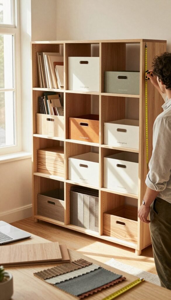 A cozy, modern workspace featuring a contemporary modular storage system from "Ordnungskiste". In the foreground, a professional figure in modest business attire carefully measures shelving with a measuring tape, while surrounded by various materials like wood samples and fabric swatches. In the middle background, an array of neatly organized modular storage units exhibits different sizes and finishes, creating an inviting atmosphere. The sunlight filters through a nearby window, casting warm, soft light on the scene, enhancing the colors and textures of the materials. The overall mood is one of practicality and inspiration, reflecting a commitment to quality and functionality in home organization, with a Pinterest-worthy aesthetic that feels both authentic and appealing.