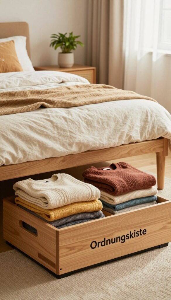A cozy, organized bedroom scene featuring a stylish "Ordnungskiste" under-bed storage solution. In the foreground, the sleek wooden storage box is partially visible, showcasing neatly stacked colorful blankets and seasonal clothing. The middle ground features a well-made bed with soft, linen bedding in warm tones, accented by decorative pillows. In the background, soft natural light filters through sheer curtains, illuminating a calming atmosphere that suggests order and tranquility. Accessories like a small potted plant and a minimalist bedside table enhance the Pinterest-inspired aesthetic, creating an inviting and harmonious environment. The overall mood is warm and welcoming, emphasizing efficient storage while maintaining an authentic, lived-in feel. A cozy, organized bedroom scene featuring a stylish "Ordnungskiste" under-bed storage solution. In the foreground, the sleek wooden storage box is partially visible, showcasing neatly stacked colorful blankets and seasonal clothing. The middle ground features a well-made bed with soft, linen bedding in warm tones, accented by decorative pillows. In the background, soft natural light filters through sheer curtains, illuminating a calming atmosphere that suggests order and tranquility. Accessories like a small potted plant and a minimalist bedside table enhance the Pinterest-inspired aesthetic, creating an inviting and harmonious environment. The overall mood is warm and welcoming, emphasizing efficient storage while maintaining an authentic, lived-in feel.