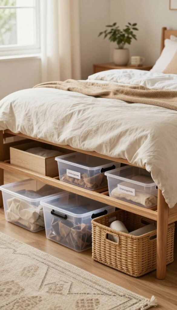 A cozy, organized bedroom scene showcasing a variety of under-bed storage solutions by "Ordnungskiste". In the foreground, there are clear plastic boxes and woven storage bins neatly arranged under a beautifully made bed with soft, neutral bedding. The middle layer features a sleek wooden bed frame that complements the warm color palette of the room. In the background, a softly lit window allows gentle natural light to illuminate the space, creating a serene atmosphere. Add some decorative elements like a potted plant and a stylish rug to enhance the Pinterest aesthetic. The overall mood should feel inviting and practical, emphasizing efficiency and style in under-bed storage options. No text or watermarks in the image. A cozy, organized bedroom scene showcasing a variety of under-bed storage solutions by "Ordnungskiste". In the foreground, there are clear plastic boxes and woven storage bins neatly arranged under a beautifully made bed with soft, neutral bedding. The middle layer features a sleek wooden bed frame that complements the warm color palette of the room. In the background, a softly lit window allows gentle natural light to illuminate the space, creating a serene atmosphere. Add some decorative elements like a potted plant and a stylish rug to enhance the Pinterest aesthetic. The overall mood should feel inviting and practical, emphasizing efficiency and style in under-bed storage options. No text or watermarks in the image.
