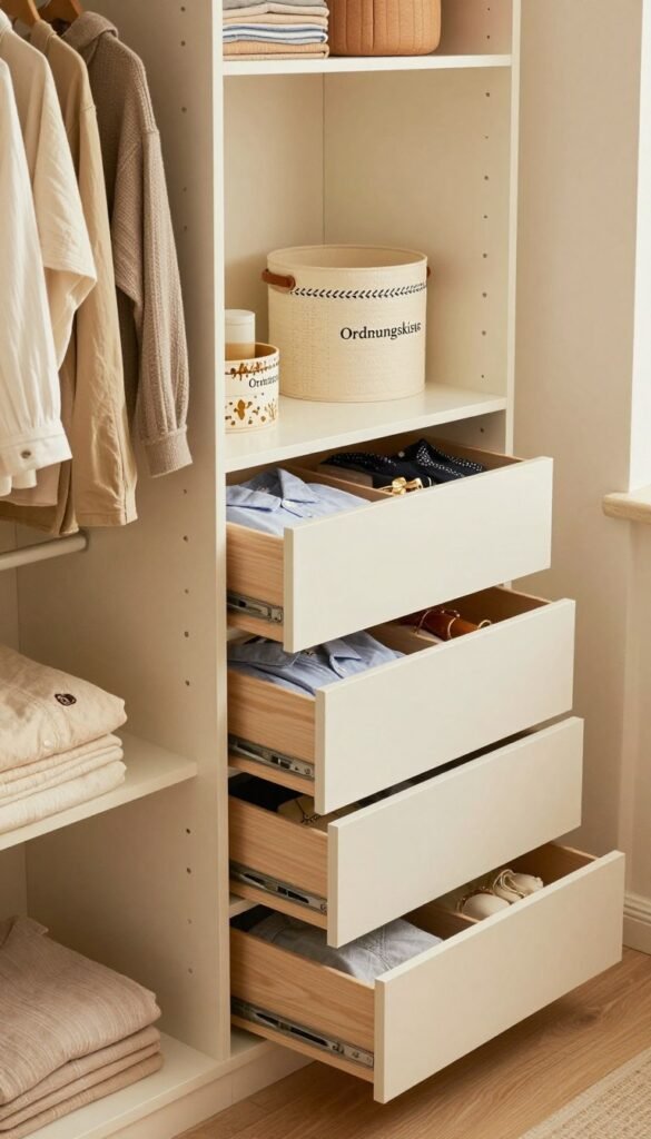 A cozy, organized closet interior showcasing a variety of innovative clothing storage solutions. In the foreground, a neatly arranged wardrobe featuring soft, wrinkle-free garments folded and hanging. The middle ground includes a stylish chest of drawers with open compartments, revealing neatly stacked shirts and accessories, all bathed in soft, warm lighting. The background displays a small, well-lit room with additional storage options like decorative bins labeled 'Ordnungskiste,' designed to enhance the aesthetic appeal while maximizing space in small areas. The overall ambiance is inviting and harmonious, with natural colors that evoke a sense of calm and order, embodying the Pinterest-inspired look.