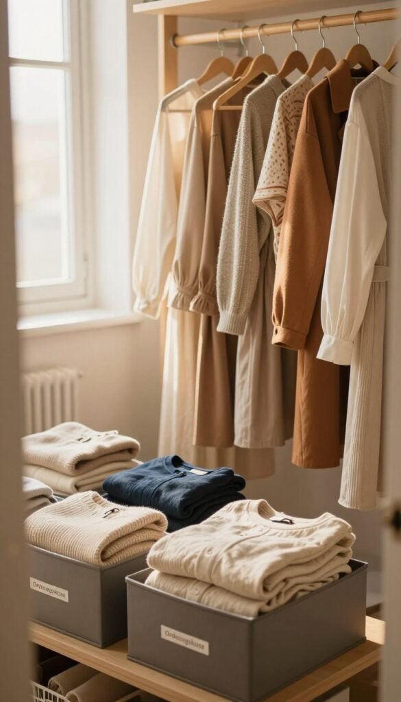 A cozy, organized closet space showcasing a seasonal wardrobe transition with warm, natural colors. In the foreground, neatly folded clothing items like sweaters and coats are placed in stylish storage boxes labeled "Ordnungskiste," emphasizing practicality. In the middle, a wooden clothing rack displays a mix of light and warm-toned garments, such as breezy dresses and layered tops, thoughtfully arranged to reflect seasonal change. The background presents soft-focus elements of the room, including a window allowing warm sunlight to bathe the entire scene, creating a serene atmosphere. The camera angle is slightly elevated, capturing the neat arrangement and highlighting the concept of decluttering for seasonal changes. The overall mood is inviting and fresh, evoking a sense of calm and order in the small closet space without any text or distractions. A cozy, organized closet space showcasing a seasonal wardrobe transition with warm, natural colors. In the foreground, neatly folded clothing items like sweaters and coats are placed in stylish storage boxes labeled "Ordnungskiste," emphasizing practicality. In the middle, a wooden clothing rack displays a mix of light and warm-toned garments, such as breezy dresses and layered tops, thoughtfully arranged to reflect seasonal change. The background presents soft-focus elements of the room, including a window allowing warm sunlight to bathe the entire scene, creating a serene atmosphere. The camera angle is slightly elevated, capturing the neat arrangement and highlighting the concept of decluttering for seasonal changes. The overall mood is inviting and fresh, evoking a sense of calm and order in the small closet space without any text or distractions.