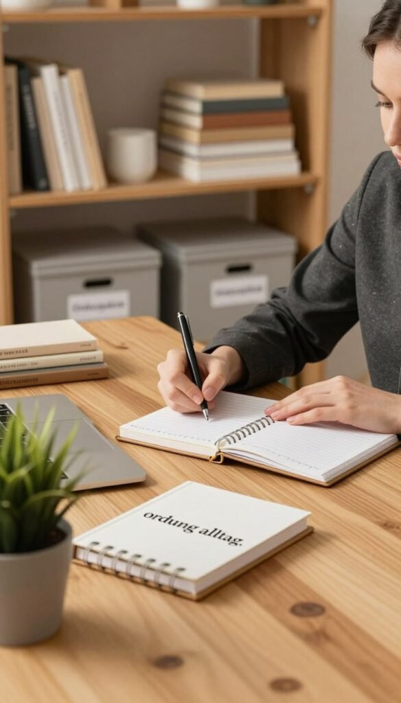 A cozy, organized daily routine scene depicting a modern workspace in warm, natural colors, showcasing the essence of "ordnung alltag." In the foreground, a neat wooden desk holds a stylish planner and a potted plant, creating a sense of tranquility. In the middle, there is a person in professional attire, thoughtfully writing in the planner, illustrating dedication to their daily routines. The background features a well-arranged shelf with neatly stacked books and decorative storage boxes labeled 'Ordnungskiste,' emphasizing organization. Soft, diffused lighting creates a warm and inviting atmosphere, with a depth of field that softly blurs the background, drawing focus to the subject. The overall mood is calm and productive, perfect for encouraging a disciplined approach to everyday life. A cozy, organized daily routine scene depicting a modern workspace in warm, natural colors, showcasing the essence of "ordnung alltag." In the foreground, a neat wooden desk holds a stylish planner and a potted plant, creating a sense of tranquility. In the middle, there is a person in professional attire, thoughtfully writing in the planner, illustrating dedication to their daily routines. The background features a well-arranged shelf with neatly stacked books and decorative storage boxes labeled 'Ordnungskiste,' emphasizing organization. Soft, diffused lighting creates a warm and inviting atmosphere, with a depth of field that softly blurs the background, drawing focus to the subject. The overall mood is calm and productive, perfect for encouraging a disciplined approach to everyday life.