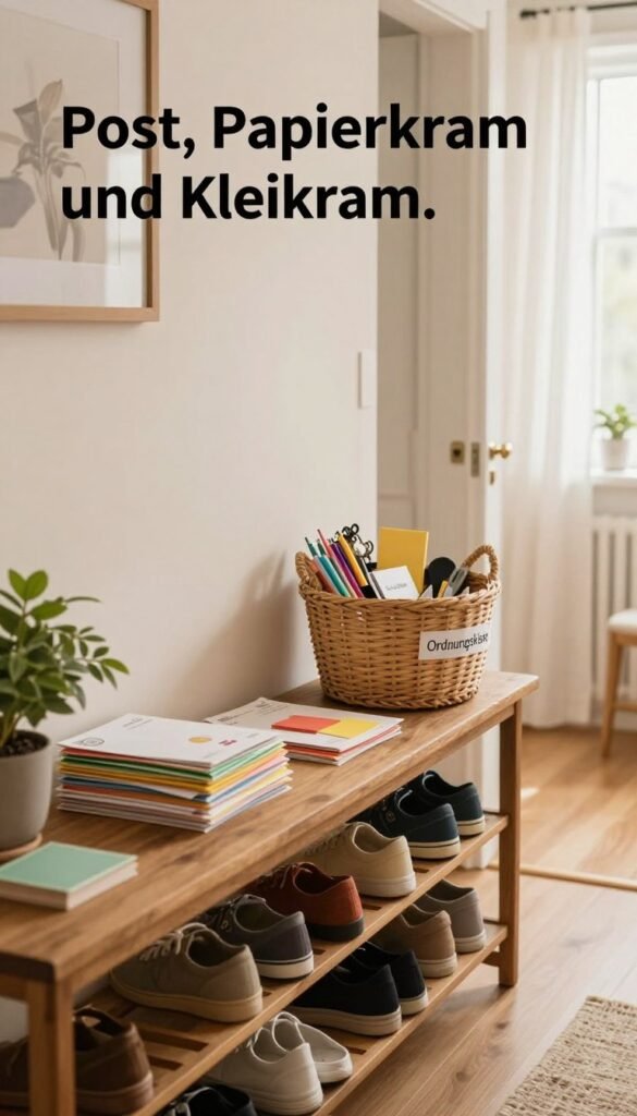 A cozy, organized hallway setting that embodies a serene atmosphere for the section "Post, Papierkram und Kleinkram." In the foreground, a stylish wooden console table holds neatly stacked mail, colorful stationery, and a small potted plant, all bathed in soft, warm lighting. The middle of the image features a rustic shoe rack, keeping shoes perfectly aligned, while an inviting woven basket labeled "Ordnungskiste" collects miscellaneous items like keys and small household tools. In the background, an open door hints at a bright, inviting space beyond, with light filtering through sheer curtains. The overall tone is warm and inviting, reflecting a Pinterest-worthy aesthetic, with natural colors and a clean, organized feel, creating a sense of calm and order. A cozy, organized hallway setting that embodies a serene atmosphere for the section "Post, Papierkram und Kleinkram." In the foreground, a stylish wooden console table holds neatly stacked mail, colorful stationery, and a small potted plant, all bathed in soft, warm lighting. The middle of the image features a rustic shoe rack, keeping shoes perfectly aligned, while an inviting woven basket labeled "Ordnungskiste" collects miscellaneous items like keys and small household tools. In the background, an open door hints at a bright, inviting space beyond, with light filtering through sheer curtains. The overall tone is warm and inviting, reflecting a Pinterest-worthy aesthetic, with natural colors and a clean, organized feel, creating a sense of calm and order.