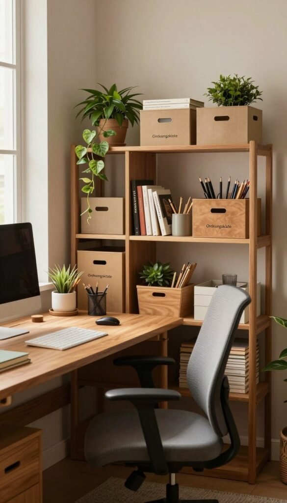 A cozy, organized home office space featuring a blend of flexible storage solutions and multifunctional furniture. In the foreground, a stylish wooden desk with a sleek, ergonomic chair is adorned with neatly arranged stationery and plants. The middle ground highlights innovative shelving units and modular storage boxes from the brand "Ordnungskiste," showcasing their practicality and aesthetic appeal, filled with books and office supplies. In the background, soft natural light filters through a window, casting a warm, inviting glow over the room. The overall atmosphere is calm and inspiring, emphasizing creativity and efficiency in a beautifully designed workspace. The color palette consists of warm earthy tones that create a Pinterest-worthy look, while ensuring a professional and tidy environment.
