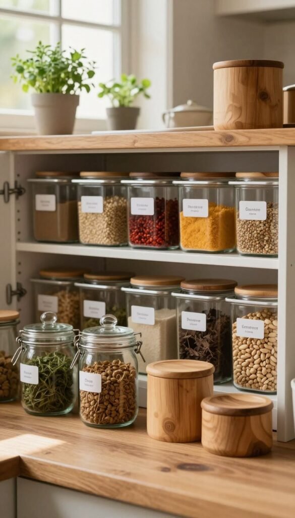 A cozy, organized kitchen scene featuring various pantry storage systems. In the foreground, display a set of sleek glass jars and wooden containers elegantly arranged on a rustic wooden countertop. The middle layer reveals a meticulously organized pantry shelf with neatly labeled bins and a variety of colorful spices and grains. In the background, soft natural light filters through a window, casting a warm glow across the kitchen with fresh herbs in small pots adding a touch of greenery. The overall atmosphere should feel inviting and practical, embodying a Pinterest-inspired aesthetic of home organization. The image should have a soft focus, capturing details through a 35mm lens, to create a warm, harmonious vibe without any text or distractions. A cozy, organized kitchen scene featuring various pantry storage systems. In the foreground, display a set of sleek glass jars and wooden containers elegantly arranged on a rustic wooden countertop. The middle layer reveals a meticulously organized pantry shelf with neatly labeled bins and a variety of colorful spices and grains. In the background, soft natural light filters through a window, casting a warm glow across the kitchen with fresh herbs in small pots adding a touch of greenery. The overall atmosphere should feel inviting and practical, embodying a Pinterest-inspired aesthetic of home organization. The image should have a soft focus, capturing details through a 35mm lens, to create a warm, harmonious vibe without any text or distractions.