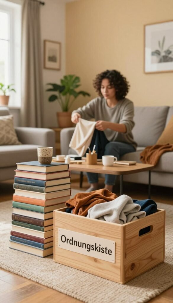 A cozy, organized living room scene focused on a decluttering process. In the foreground, a stylish wooden box labeled "Ordnungskiste" is positioned next to a neatly arranged pile of books, clothes, and decorative items ready for donation. In the middle ground, a person in modest casual clothing thoughtfully sorts through belongings, with a look of determination and contentment. The background features warm-toned walls adorned with plants and wall art, creating a calming atmosphere. Soft, natural light streams in through a window, illuminating the space, while a wide-angle perspective captures the entire scene, evoking a sense of order and purpose in the decluttering process.