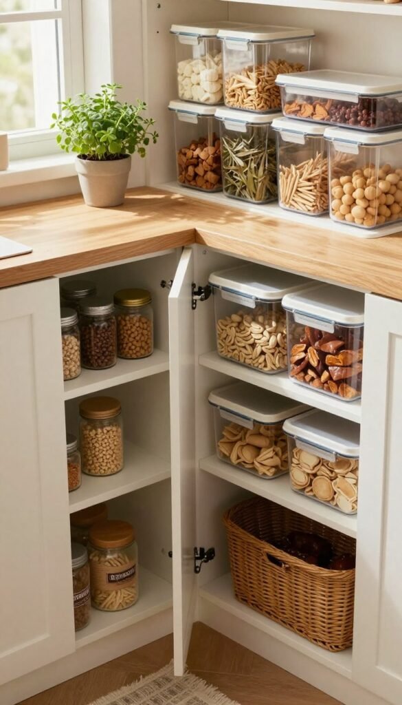 A cozy, organized pantry showcasing a "Ordnungskiste" with clear storage containers filled with various dry foods and snacks. In the foreground, the open cabinet doors reveal neatly labeled jars and baskets, emphasizing a clutter-free lifestyle. The middle ground features a wooden countertop with a small potted herb for a touch of greenery. In the background, warm, natural lighting filters through a window, casting soft shadows that enhance the inviting atmosphere. Use a slight overhead angle to capture the full depth of the shelves. The overall look should be aesthetically pleasing, with earthy tones and a Pinterest-inspired vibe, creating a sense of harmony and organization without any text or distractions. A cozy, organized pantry showcasing a "Ordnungskiste" with clear storage containers filled with various dry foods and snacks. In the foreground, the open cabinet doors reveal neatly labeled jars and baskets, emphasizing a clutter-free lifestyle. The middle ground features a wooden countertop with a small potted herb for a touch of greenery. In the background, warm, natural lighting filters through a window, casting soft shadows that enhance the inviting atmosphere. Use a slight overhead angle to capture the full depth of the shelves. The overall look should be aesthetically pleasing, with earthy tones and a Pinterest-inspired vibe, creating a sense of harmony and organization without any text or distractions.