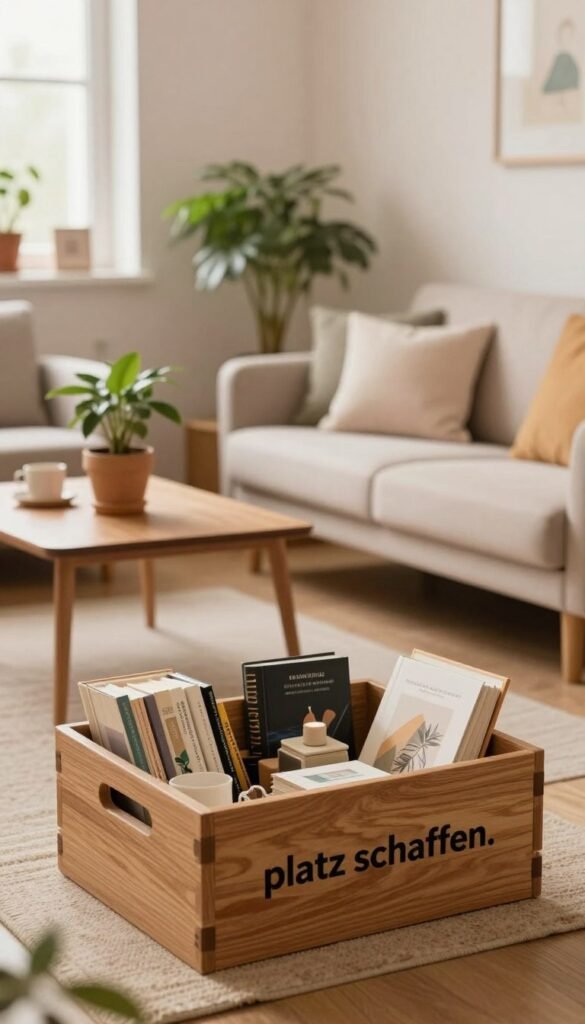 A cozy, organized small apartment interior showcasing a decluttered living space that embodies the concept of "platz schaffen." In the foreground, a stylish, wooden Ordnungskiste box is neatly filled with neatly arranged books and small decor items. The middle section features a compact, minimalist sofa adorned with soft cushions, a small coffee table, and a potted indoor plant in a warm, natural pot, reflecting a Pinterest aesthetic. The background is painted in subtle pastel colors, with a window allowing soft, warm light to filter in, creating a relaxed atmosphere. The overall mood is calm and inviting, perfect for illustrating stress-free organization and efficient use of space in a small home. A cozy, organized small apartment interior showcasing a decluttered living space that embodies the concept of "platz schaffen." In the foreground, a stylish, wooden Ordnungskiste box is neatly filled with neatly arranged books and small decor items. The middle section features a compact, minimalist sofa adorned with soft cushions, a small coffee table, and a potted indoor plant in a warm, natural pot, reflecting a Pinterest aesthetic. The background is painted in subtle pastel colors, with a window allowing soft, warm light to filter in, creating a relaxed atmosphere. The overall mood is calm and inviting, perfect for illustrating stress-free organization and efficient use of space in a small home.