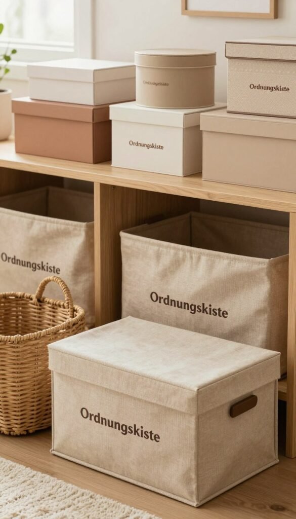 A cozy, organized storage scene featuring various types of stylish storage boxes, bags, and organizers with the brand name "Ordnungskiste" prominently displayed. In the foreground, showcase a soft, textured fabric storage box in natural beige, flanked by a woven basket and a collapsible fabric organizer. The middle ground features a neatly arranged shelf with multiple decorative boxes in pastel colors, each designed elegantly. In the background, gentle natural light filters through a window, creating a warm and inviting atmosphere. Use a warm color palette with earthy tones, enhancing the Pinterest-inspired aesthetic. Capture the scene from a slightly elevated angle to emphasize the harmony of the items while ensuring authenticity.