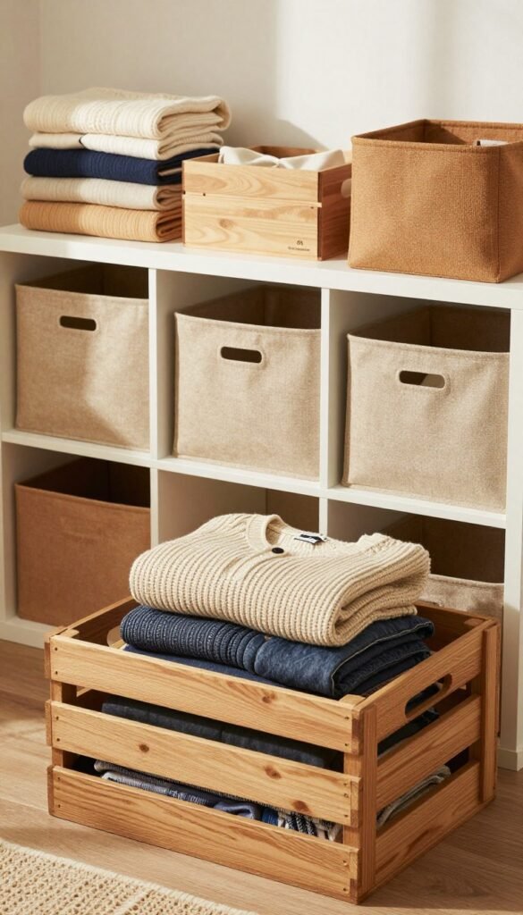 A cozy, organized storage space featuring various high-quality storage products from "Ordnungskiste". In the foreground, a sturdy wooden crate filled with neatly folded seasonal clothing, like sweaters and jackets, showcases its practical use. The middle section displays stylish storage bins made of natural fabrics in warm earth tones, enhancing the inviting atmosphere. In the background, a softly lit room with a window allows natural light to pour in, illuminating the space and casting gentle shadows. The overall mood is serene and organized, evoking a sense of tranquility and efficiency. The combination of warm colors and the aesthetic Pinterest look makes it visually appealing, creating a harmonious and functional environment for season-independent clothing storage. No text or branding in the image. A cozy, organized storage space featuring various high-quality storage products from "Ordnungskiste". In the foreground, a sturdy wooden crate filled with neatly folded seasonal clothing, like sweaters and jackets, showcases its practical use. The middle section displays stylish storage bins made of natural fabrics in warm earth tones, enhancing the inviting atmosphere. In the background, a softly lit room with a window allows natural light to pour in, illuminating the space and casting gentle shadows. The overall mood is serene and organized, evoking a sense of tranquility and efficiency. The combination of warm colors and the aesthetic Pinterest look makes it visually appealing, creating a harmonious and functional environment for season-independent clothing storage. No text or branding in the image.