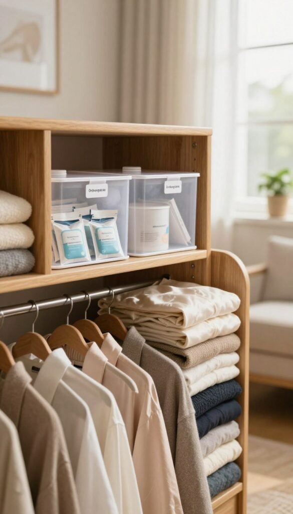 A cozy, organized storage space showcasing safe clothing preservation techniques, emphasizing the importance of temperature, humidity, UV protection, and air circulation. In the foreground, a beautifully arranged closet with neatly folded sensitive garments made of delicate fabrics like silk and wool. The middle ground features a stylish, wooden shelving unit labeled "Ordnungskiste," displaying preventative storage solutions such as moisture-absorbing sachets and UV-blocking containers. The background reveals a well-lit room with a window allowing natural light to filter through sheer curtains, casting soft, warm tones throughout the scene. A peaceful atmosphere is achieved with subtle greenery and soft shadows, creating an inviting space that promotes careful attention to clothing care. The image is captured at eye level, with soft focus enhancing the warmth and authenticity of the scene.