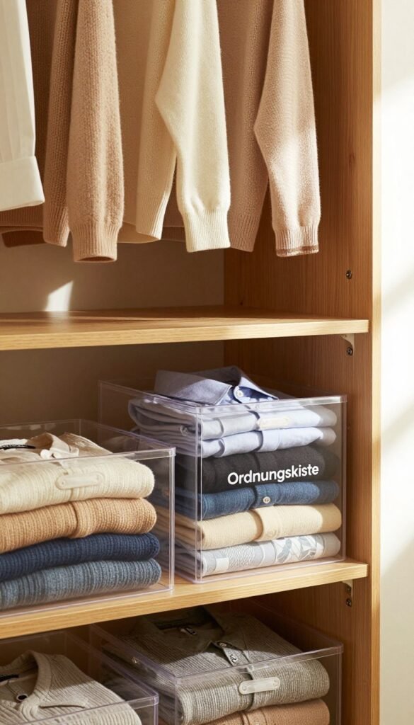 A cozy, organized wardrobe interior featuring neatly stored clothing using "Ordnungskiste" storage solutions. In the foreground, a stylish wooden shelf displays transparent storage boxes showcasing various folded garments, emphasizing cleanliness and order. The middle ground reveals a neatly arranged closet with warm-colored fabrics, such as soft sweaters and neatly pressed shirts, arranged in an attractive manner. The background features soft lighting streaming through a window, casting gentle shadows and creating a serene atmosphere. The overall mood is inviting and practical, with a Pinterest-inspired aesthetic that conveys a sense of harmony and efficiency in clothing storage. The image should be free of text, ensuring a clean and professional presentation.